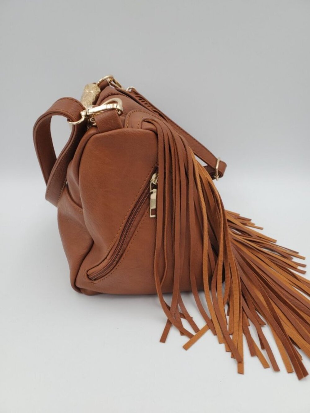 Brown Faux Leather Fringe Gold Bead Handle w/strap Boho Funky! - Picture 2 of 6